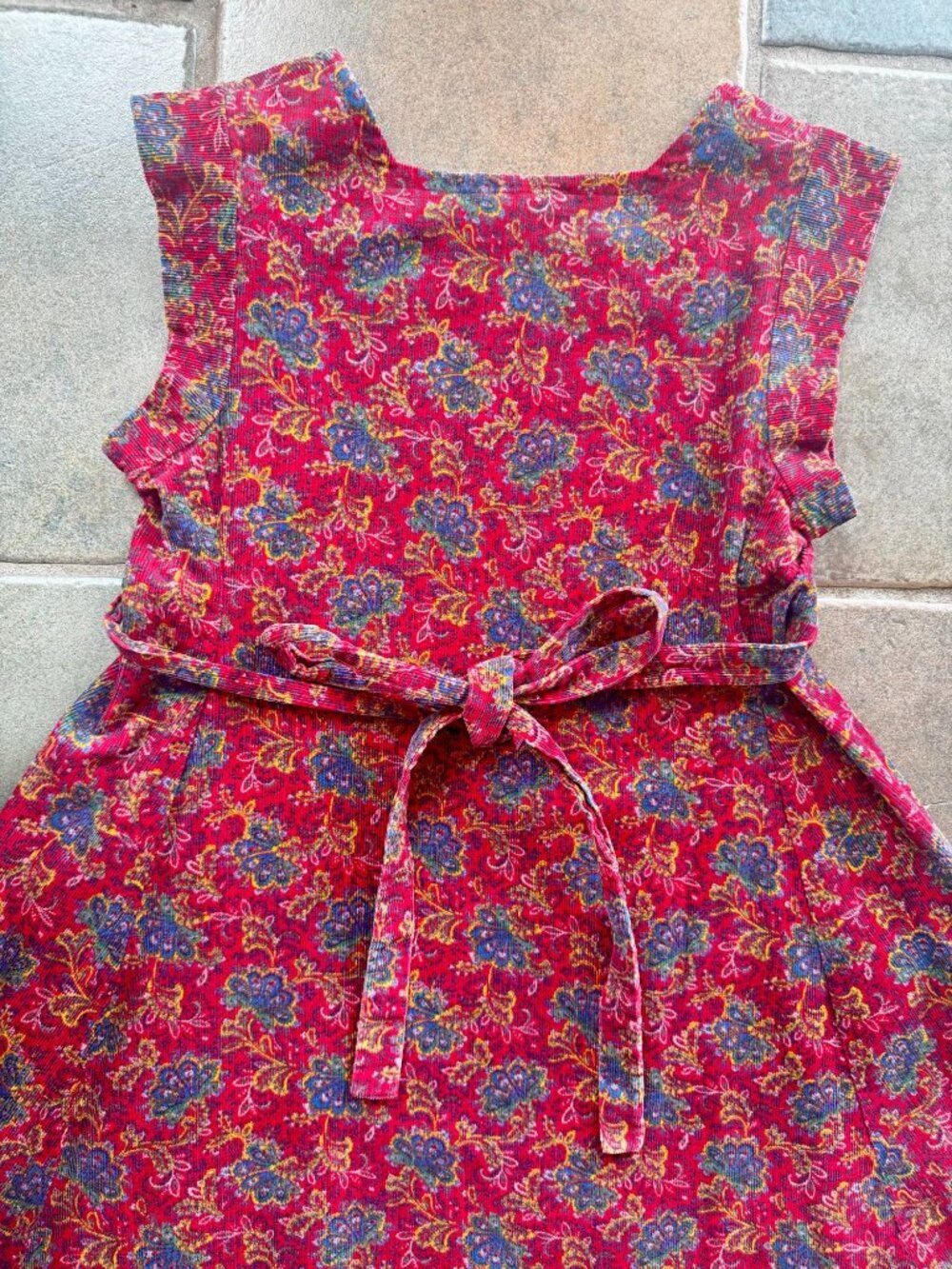 Vintage Handmade Red Floral Corduroy Dress With Ruffle Sleeves & Tie Waist - Swe - Picture 2 of 9